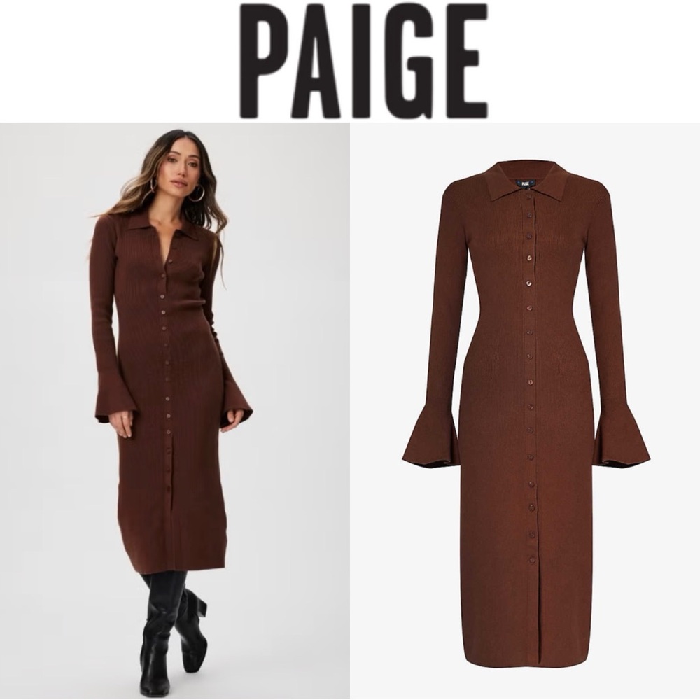 PAIGE SUNDARA SILK BLEND BROWN RIBBED KNIT LONG BELL SLEEVE COLLARED MIDI DRESS